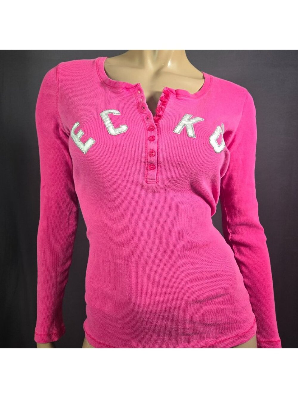 Vintage Y2K ECKO Unlimited Pink Henley Top Size L Long Sleeve Ribbed Shirt
